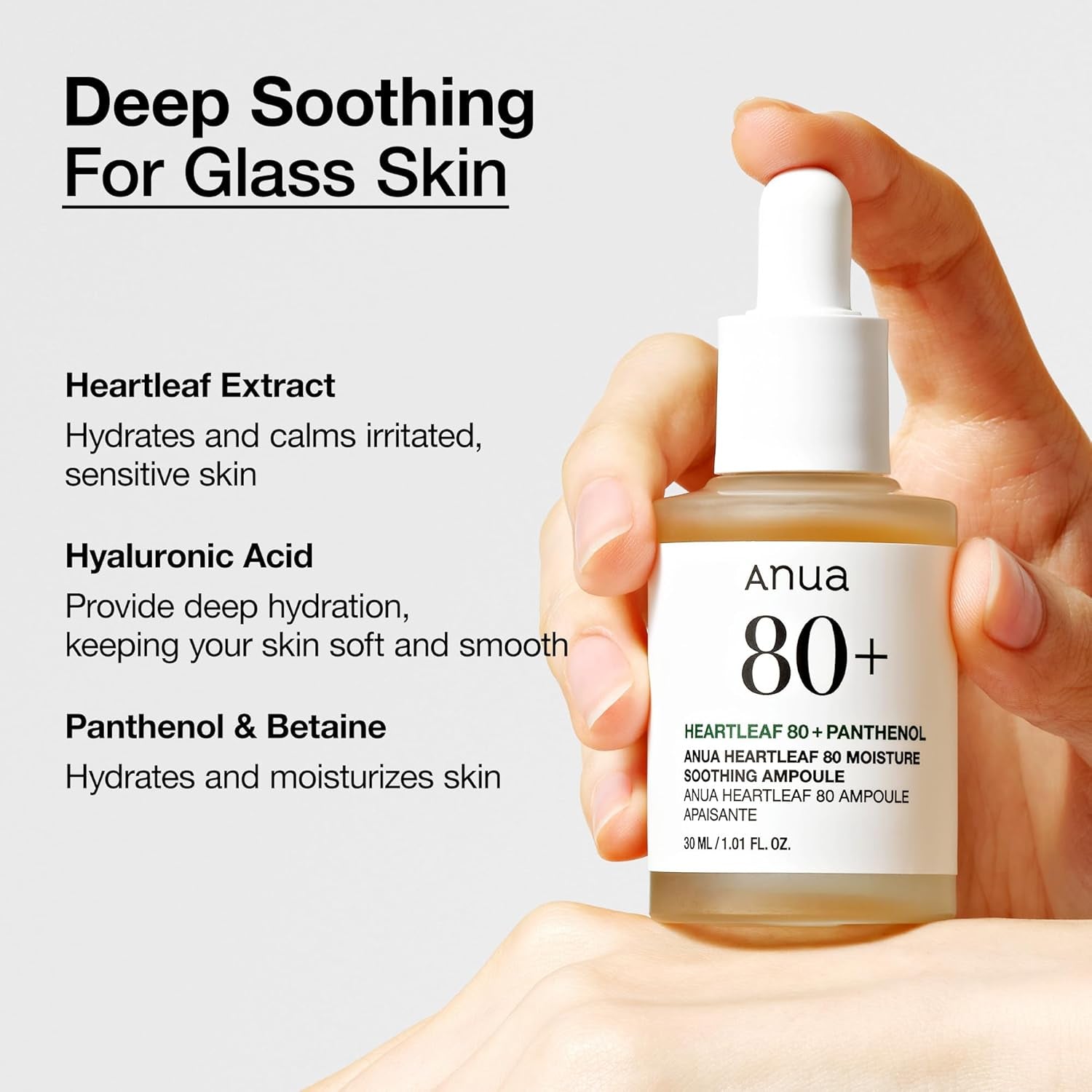 Heartleaf 80 Soothing Ampoule, Hydration Facial Serum for Glass Skin, Panthenol, Hyaluronic Acid, Non-Greasy, Gentle Formula, Lightweight Essence, Vegan, Korean Skin Care, 30Ml/1.01 Fl.Oz